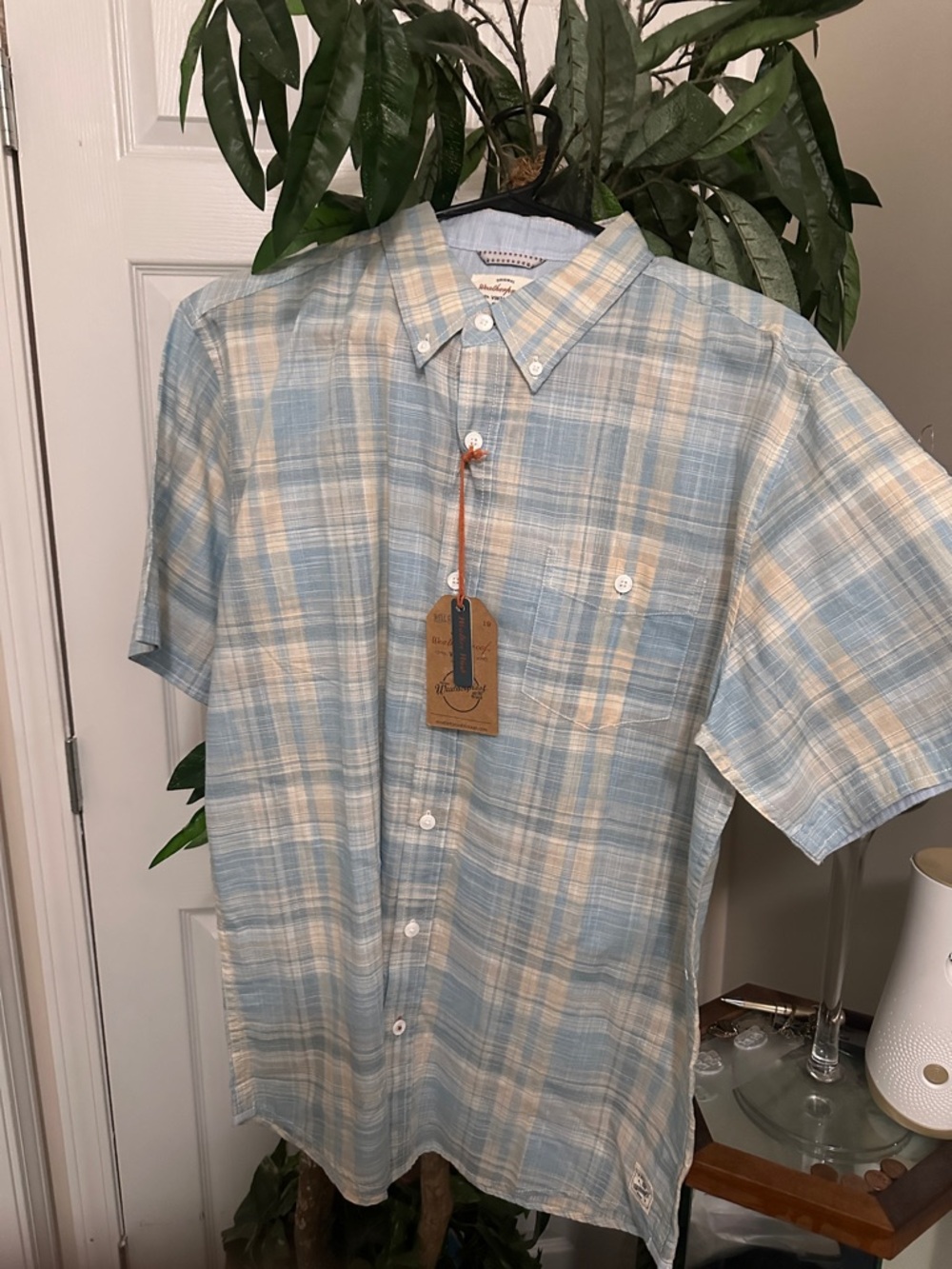 Weatherproof Light Blue and Cream Plaid Short-Sleeve Button-Down Shirt szL
